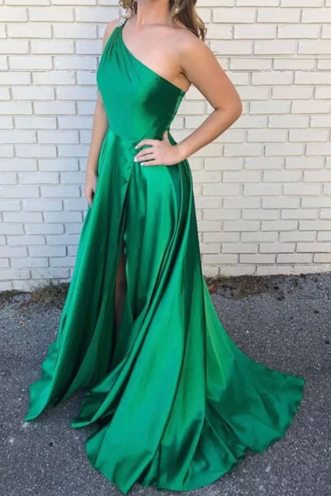 one shoulder sllit green prom dress