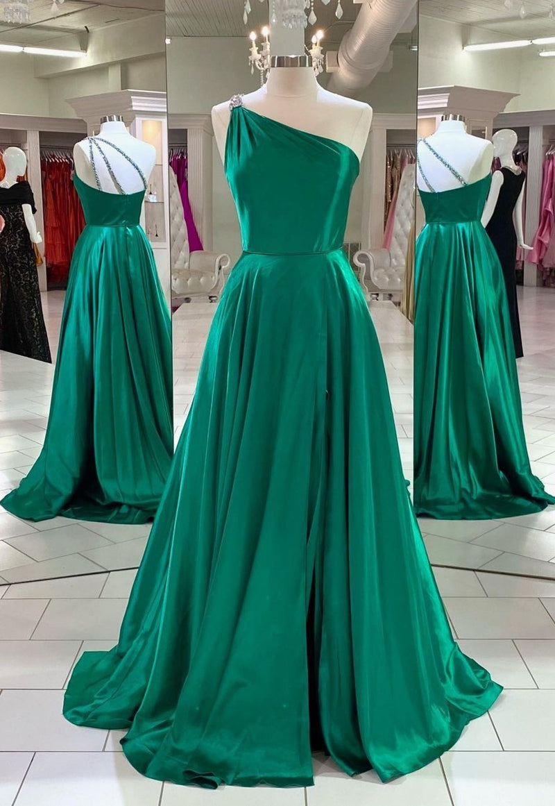 one shoulder green prom dress