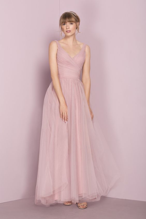 Classic Full Length V-neckline Blush Pink Party Dress