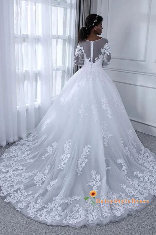Discount Modest Long Sleeve Lace White Wedding Dress - daisystyledress