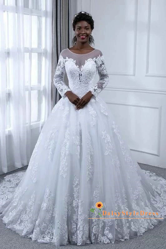 Discount Modest Long Sleeve Lace White Wedding Dress - daisystyledress