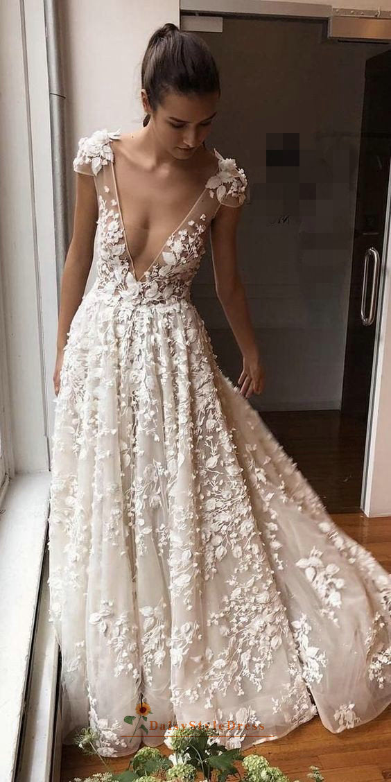 Sexy Deep V neckline Blush Boho Wedding Dress daisystyledress
