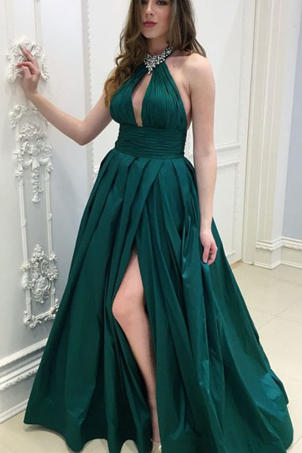 Sexy Slit Dark Green Evening Party Dress - daisystyledress