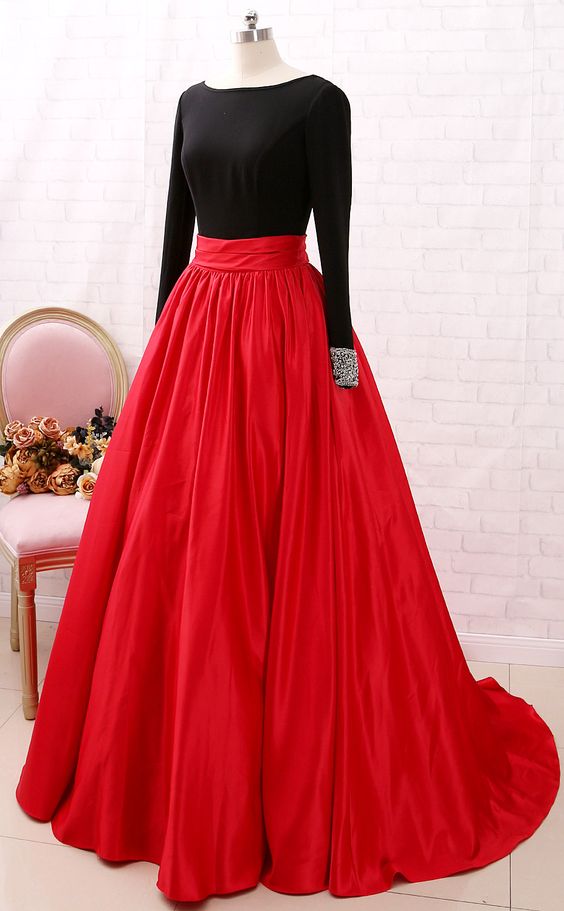 Black and Red V-Neck Tulle Long Prom Dress, Lace Evening Dress