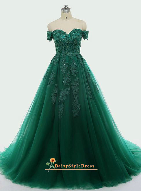 Ball Gown Off Shoulder Sleeves Dark Green Prom Dress daisystyledress Ball Gown Off Shoulder Sleeves Dark Green Prom Dress daisystyledress