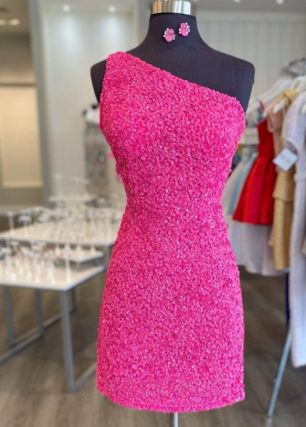 Knee Length One Shoulder Hot Pink Homecoming Dress daisystyledress Knee Length One Shoulder Hot Pink Homecoming Dress daisystyledress