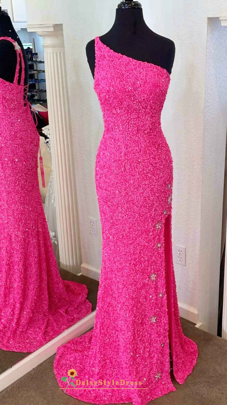 Sexy Slit Fit and Flare Hot Pink Sparkle Prom Dress daisystyledress