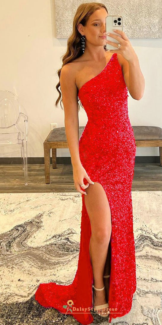 Sexy Slit One Shoulder Red Sparkle Prom Dress – daisystyledress