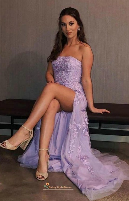 split lavender prom dress
