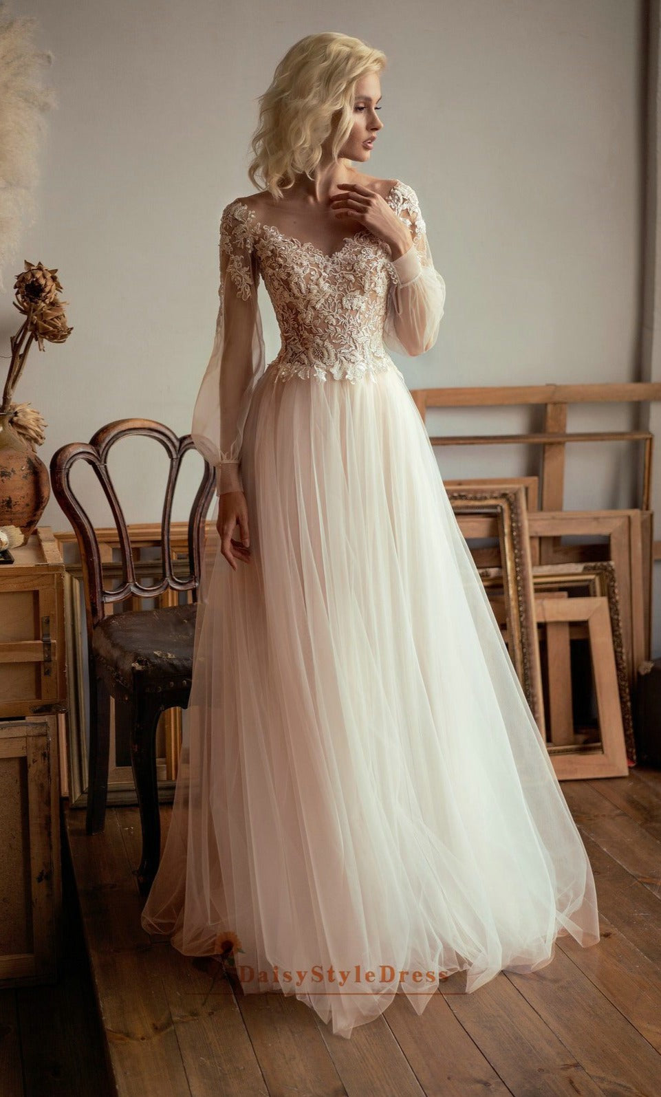 Boho Style Lace Sleeves Two Piece Wedding Dresses Off Shoulder Satin B –  luladress