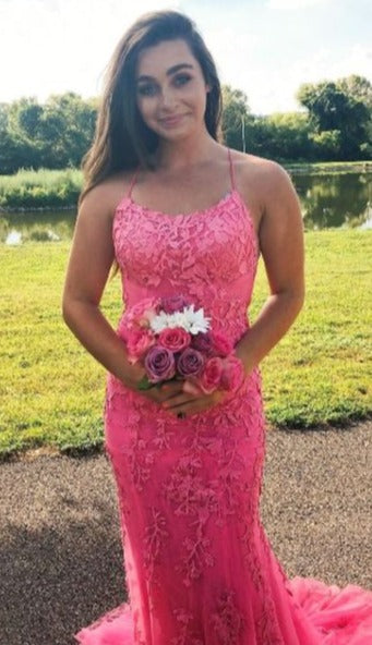 fit-flare hot pink prom dress