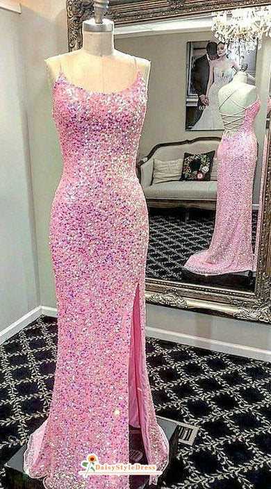 Fit and Flare Criss-Cross Back Pink Sequin Prom Dress daisystyledress Fit and Flare Criss-Cross Back Pink Sequin Prom Dress daisystyledress