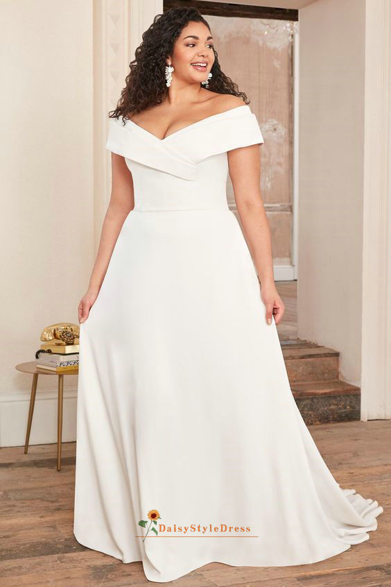 A line Off Shoulder Sleeve Plus Size Wedding Dress daisystyledress