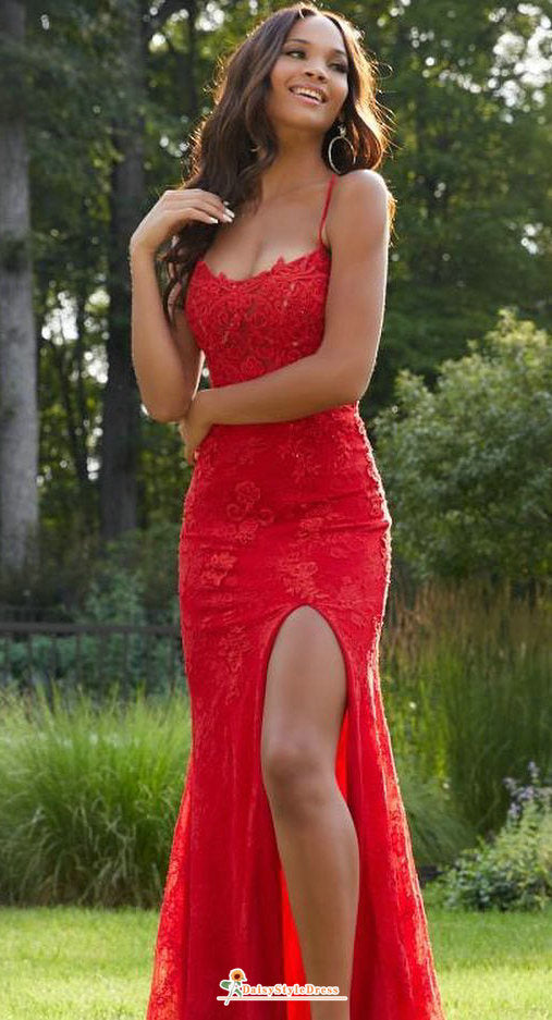 Sexy Slit Fit and Flare Red Lace Prom Dress