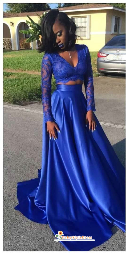 Royal Blue Long Sleeve Two Piece Prom Dress