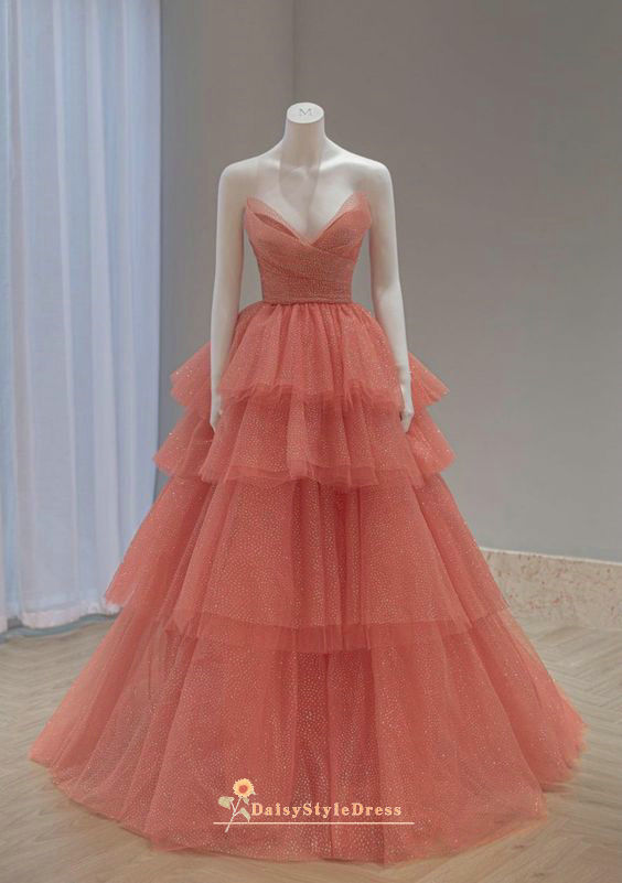 Tiered Skirt Coral Formal Party Dress daisystyledress Tiered Skirt Coral Formal Party Dress daisystyledress