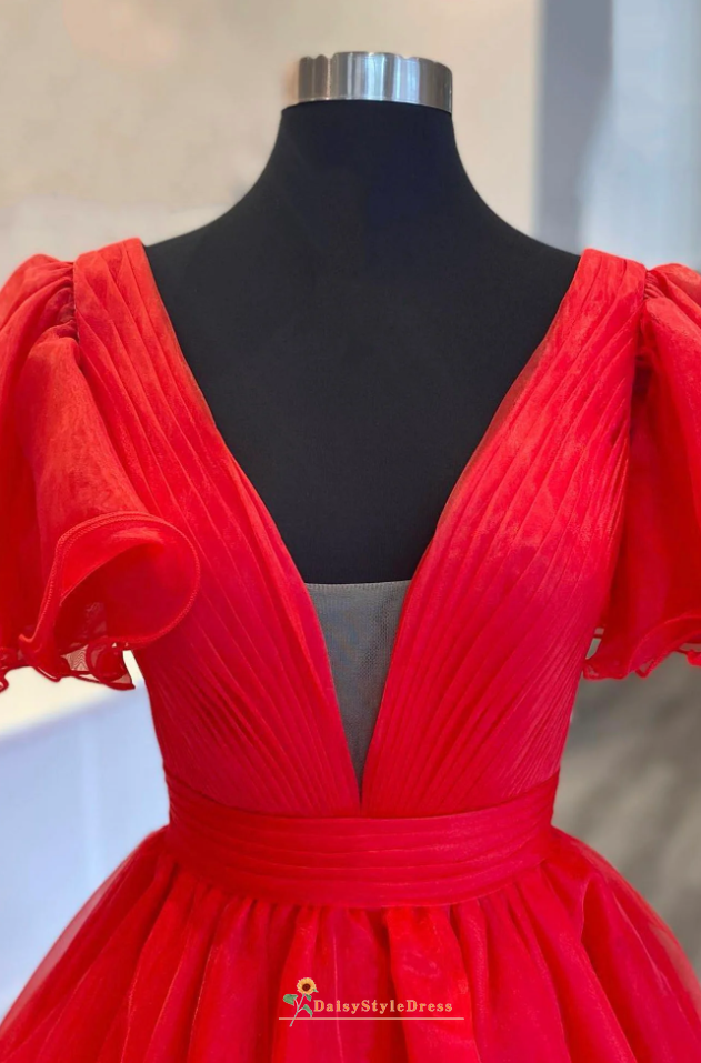 v-neckline red prom dress