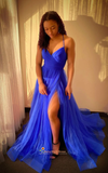 mesh royal blue prom dress