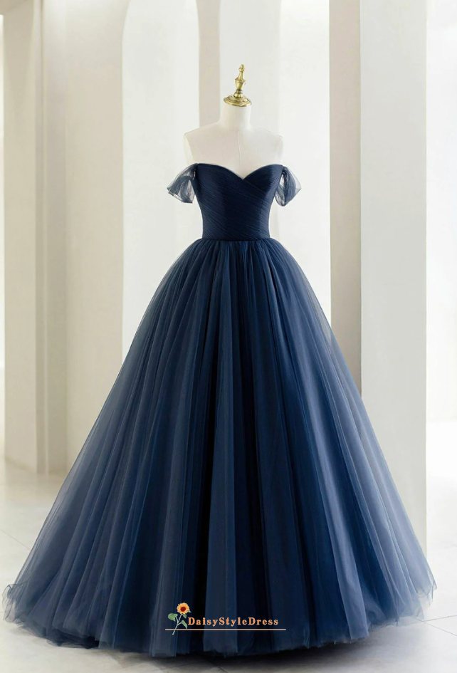 Simple Ball Gown Off Shoulder Sleeve Dark Navy Prom Dress